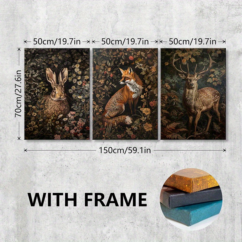 TEMU 2d Flat, 2d Flat, Set Of 3 Wooden-framed Canvas Posters Featuring Vintage Animal Artwork, Including A Rabbit, Fox, And Deer. Perfect For