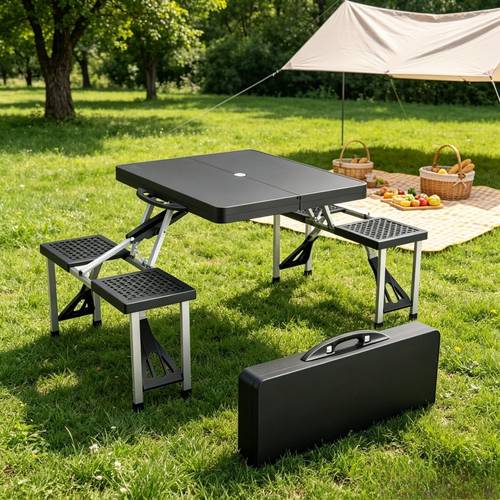 4ft Folding Picnic Table with 4 Seats, Portable Suitcase Camping Table, Aluminum Frame with Umbrella Hole, 220 Lbs Capacity for Outdoor BBQ & Gathering
