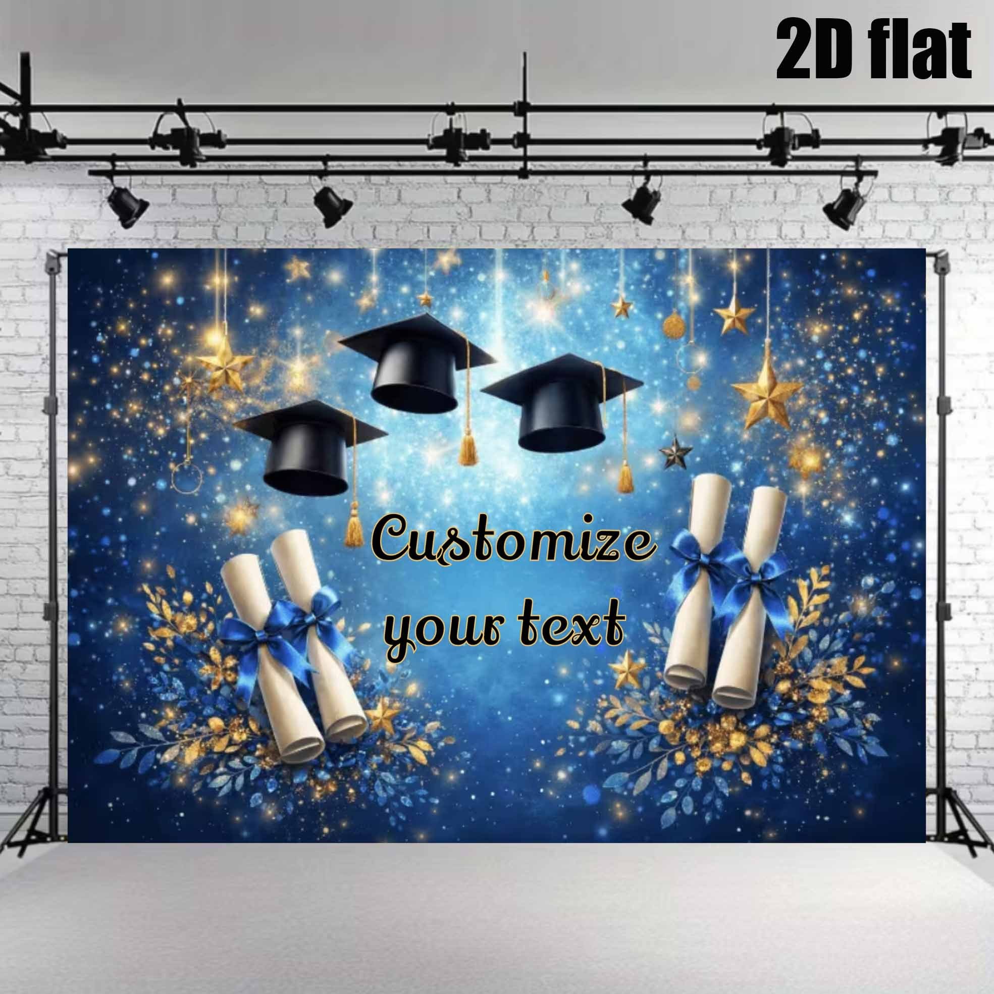TEMU 2d Flat, 2d Flat - 2d Flat, 2d Flat - 2d Party Flat Banner [customizable] 1pc Personalized Custom Name Blue Golden Graduation Theme Vinyl