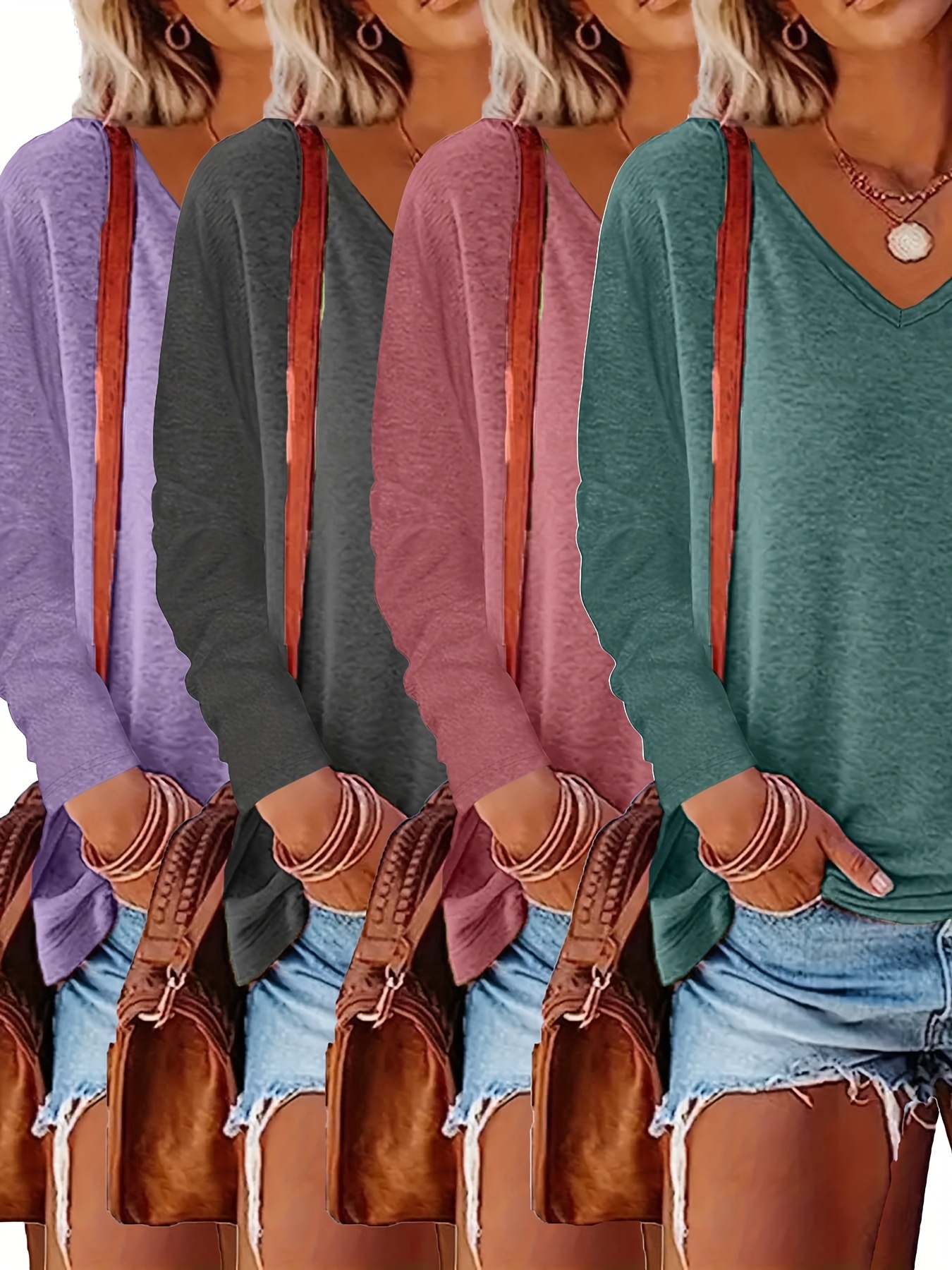 item picture plus size 4pcs new   4pcs of solid color v neck long sleeve tops   autumn womens clothing casual v neck loose tops spring autumn base long sleeve t shirts daily use home use machine washable