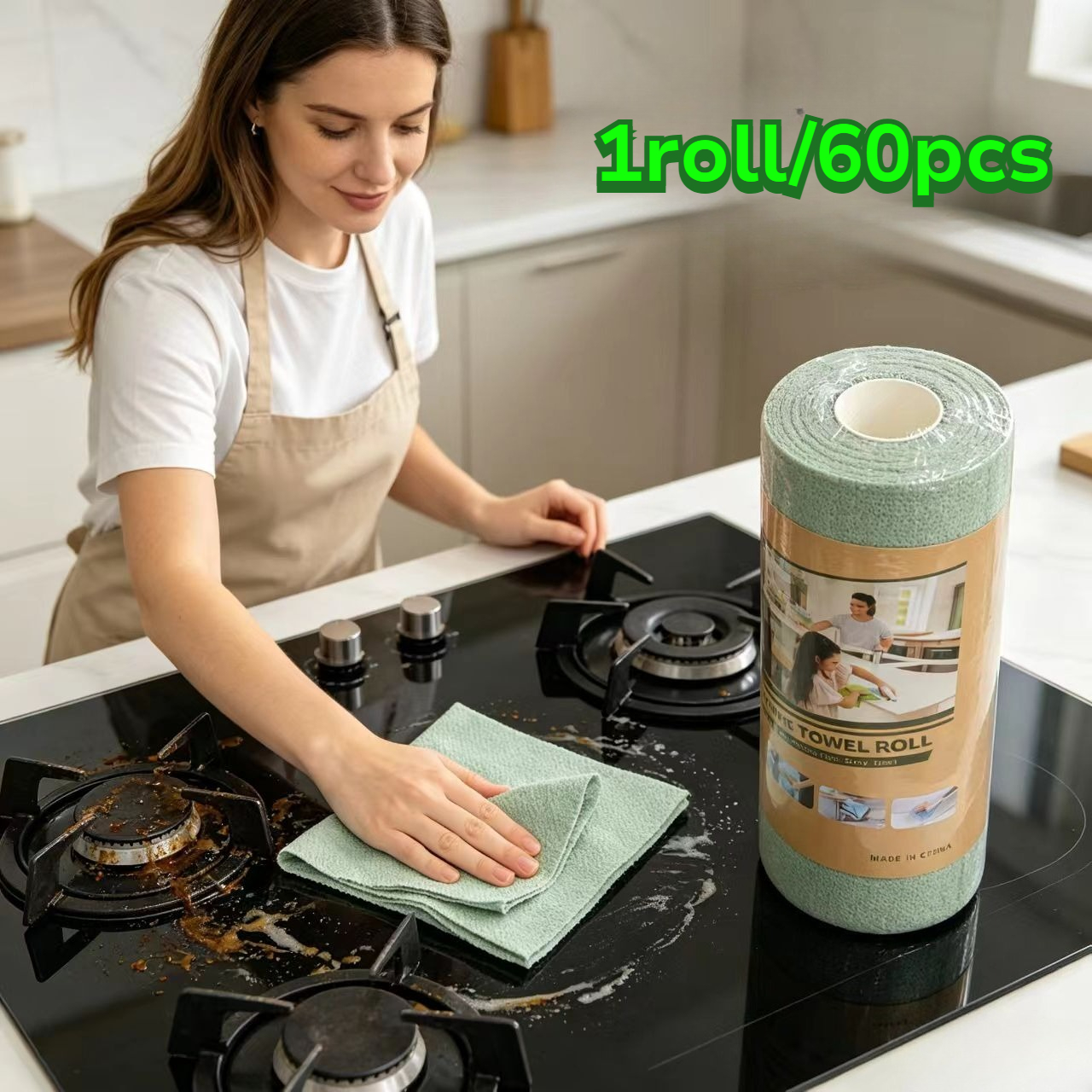 TEMU 1 Rouleau de 60 Feuilles de Serviettes de Nettoyage en Rouleau en Microfibre Verte, Serviettes Détachables, Adaptées pour le Nettoyage de la