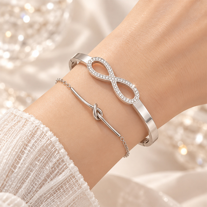 Women's Infinity Bangle & Simple Knot Thin Chain, Elegant Design