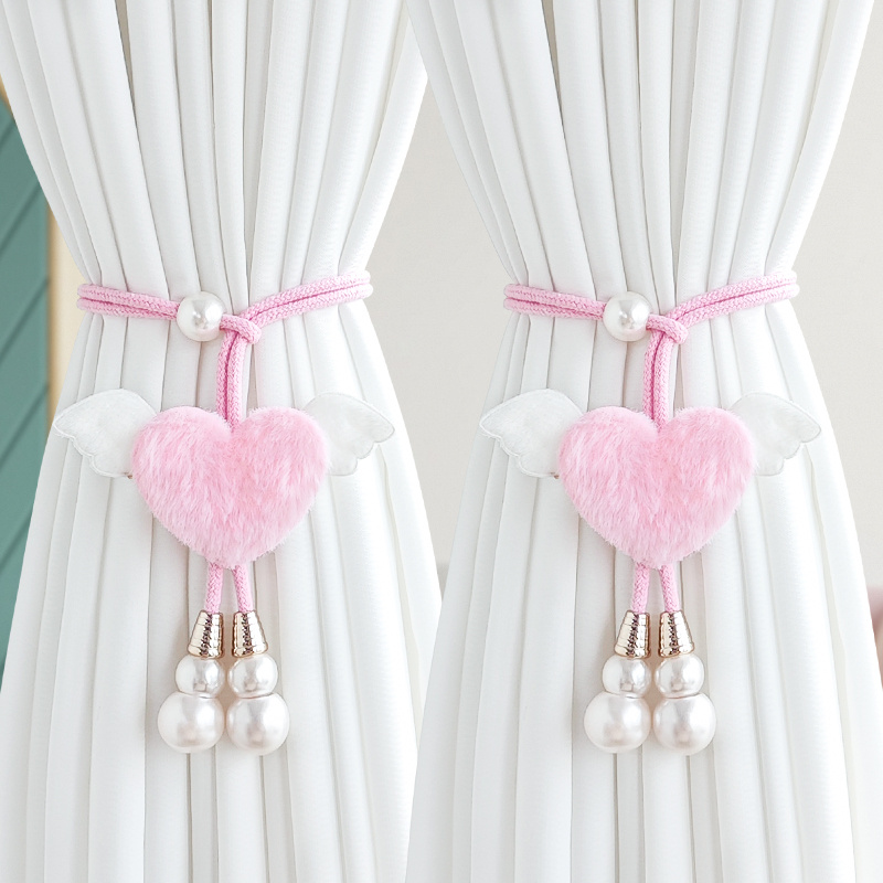 TEMU 2pcs Pink Heart With Wings Curtain Tiebacks Adjustable Pearl Curtain Straps Exquisite Bedroom Living Room Dining Room Study Home Matching Good