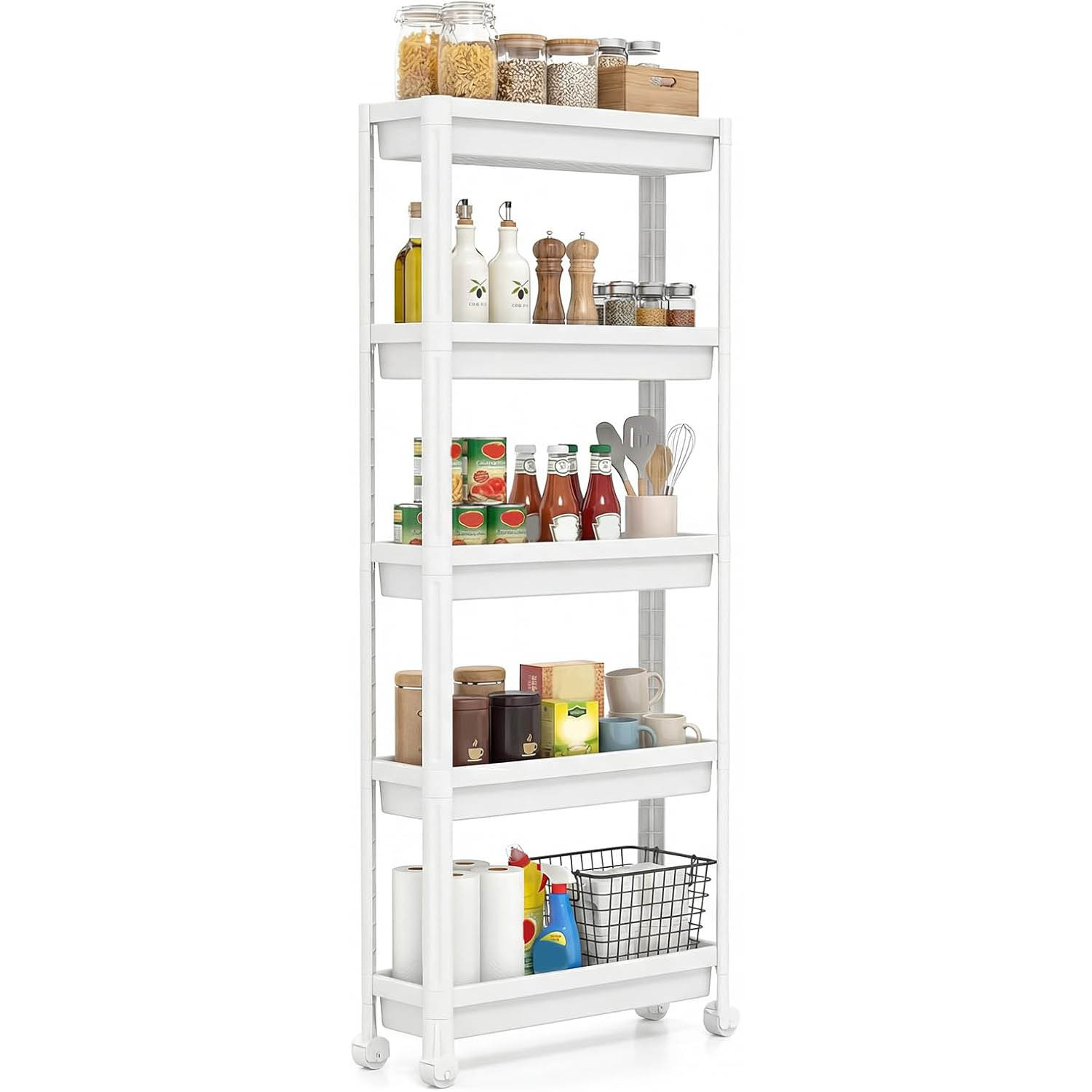 5-tier Slim Rolling Storage Cart, Space- Mobile Utility Organizer With Smooth Wheels, Multifunctional Plastic Storage Trolley For Bathroom, Kitchen And Laundry Room, White