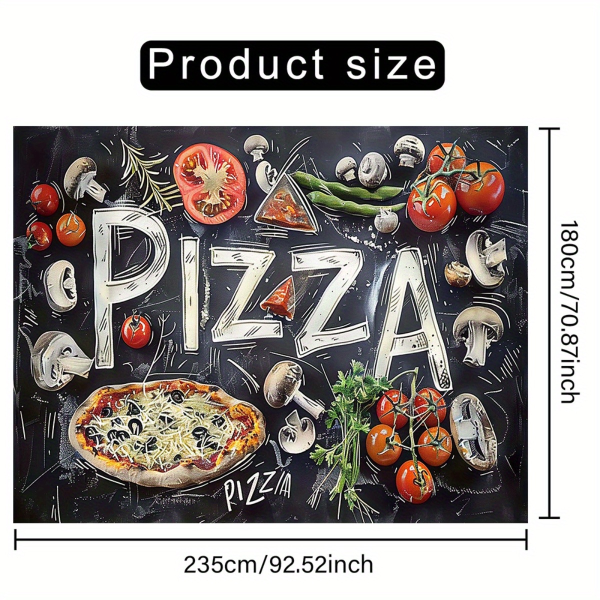 TEMU 1pc Large Pizza Party Backdrop Banner - Theme With Pizza, Mushrooms, Basil, Tomatoes, - Black & White Chalkboard- With Pizza Lettering - Durable