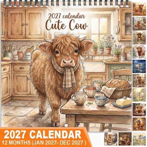 2027 full year 12 months hanging planning wall calendar cute cow in kitchen scene lightweight coil easy wall mounting with large font date marking gift for new year birthday and holidays