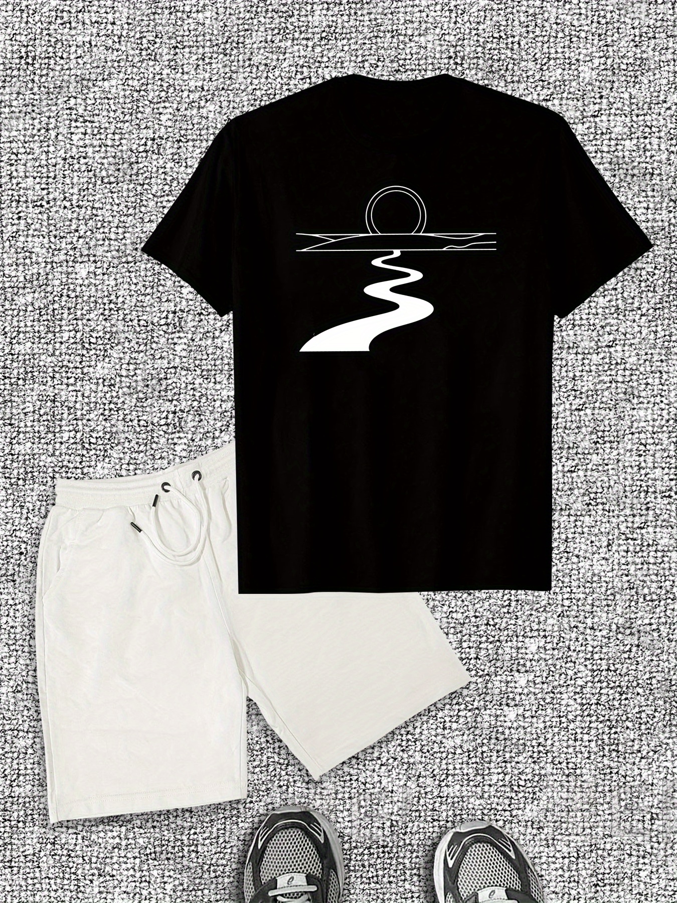 Men'S Casual River Pattern Short Sleeve T-Shirt and Shorts Set, Cotton Crew Neck Tee with Slight Stretch, Solid Color Summer Outfit for Casual Attire, Casual Summer Wear|Minimalist Design|Comfortable Fit