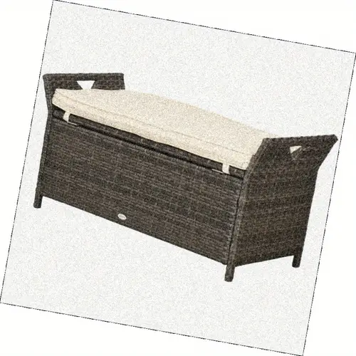 outdoor storage bench with cushion 27 gallon large capacity garden patio furniture cream white pe wicker 2 in 1 rectangle box with handles for deck backyard durable and weather resistant