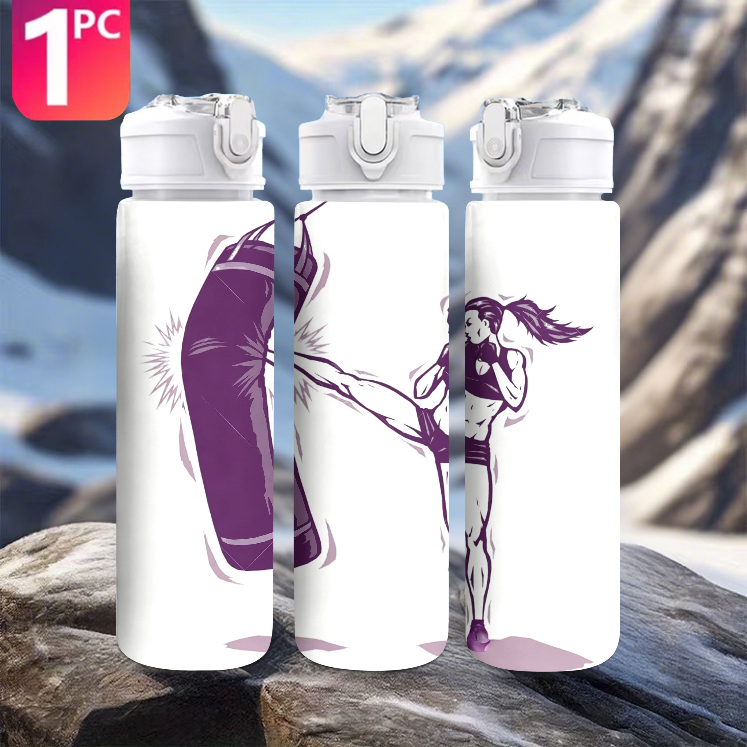 item picture 1pc taekwondo silhouette print 750ml 26oz plastic sports water bottle cute print leak proof with   up lid lightweight sturdy and durable large capacity reusable suitable for office gym outdoor   running and other  