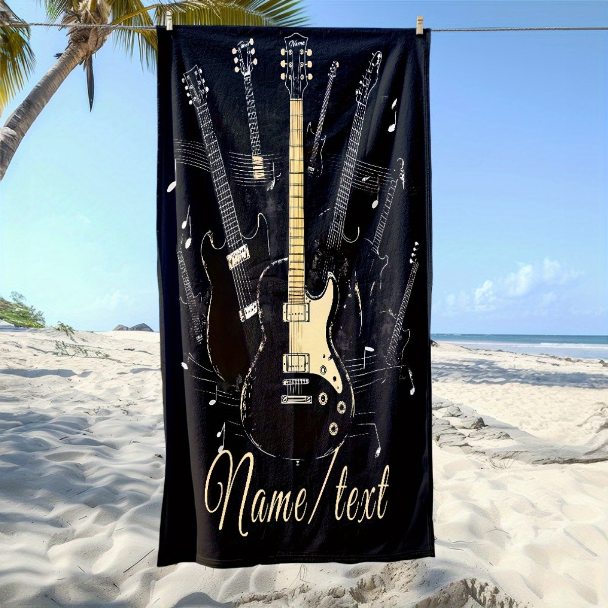 TEMU 1pc Custom Name Guitar And Music Notes Beach Towel Soft Ultraabsorbent Microfiber Lightweight And Windproof Beach Parties Travel Camping 55x27n