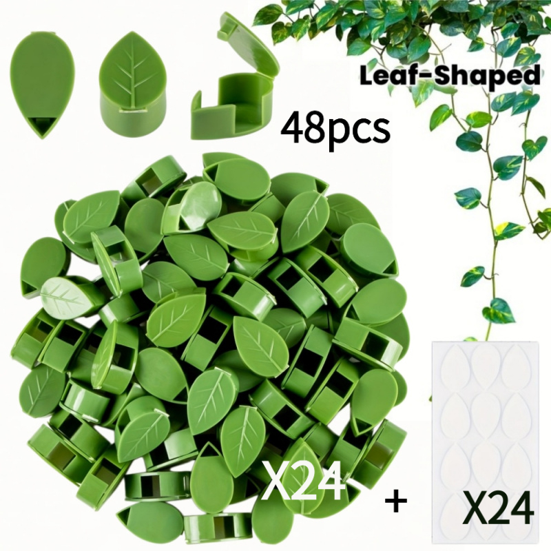TEMU 48 pezzi di clip a forma di foglia per piante rampicanti da parete, 24 clip + 24 cuscinetti adesivi, plastica invisibile rimovibile, progettate