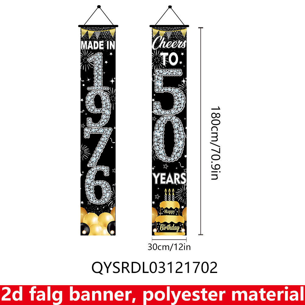 Image of 2d Flat - 2pcs 50th Anniversary Birthday Celebration Banner | 70.9in * 12in Polyester Flat Banner With Black And Golden Diamonds, Suitable For Indoor And Outdoor Events