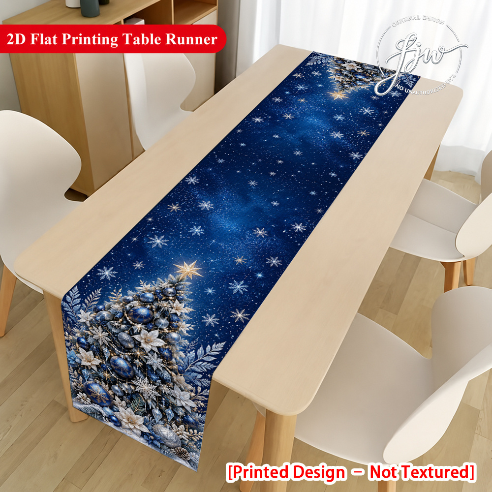 TEMU 1pc Navy Blue Christmas Tree Snowflake Table Runner For Holiday Decor, Linen Material, Christmas Table Decorations— Festive For Christmas, And