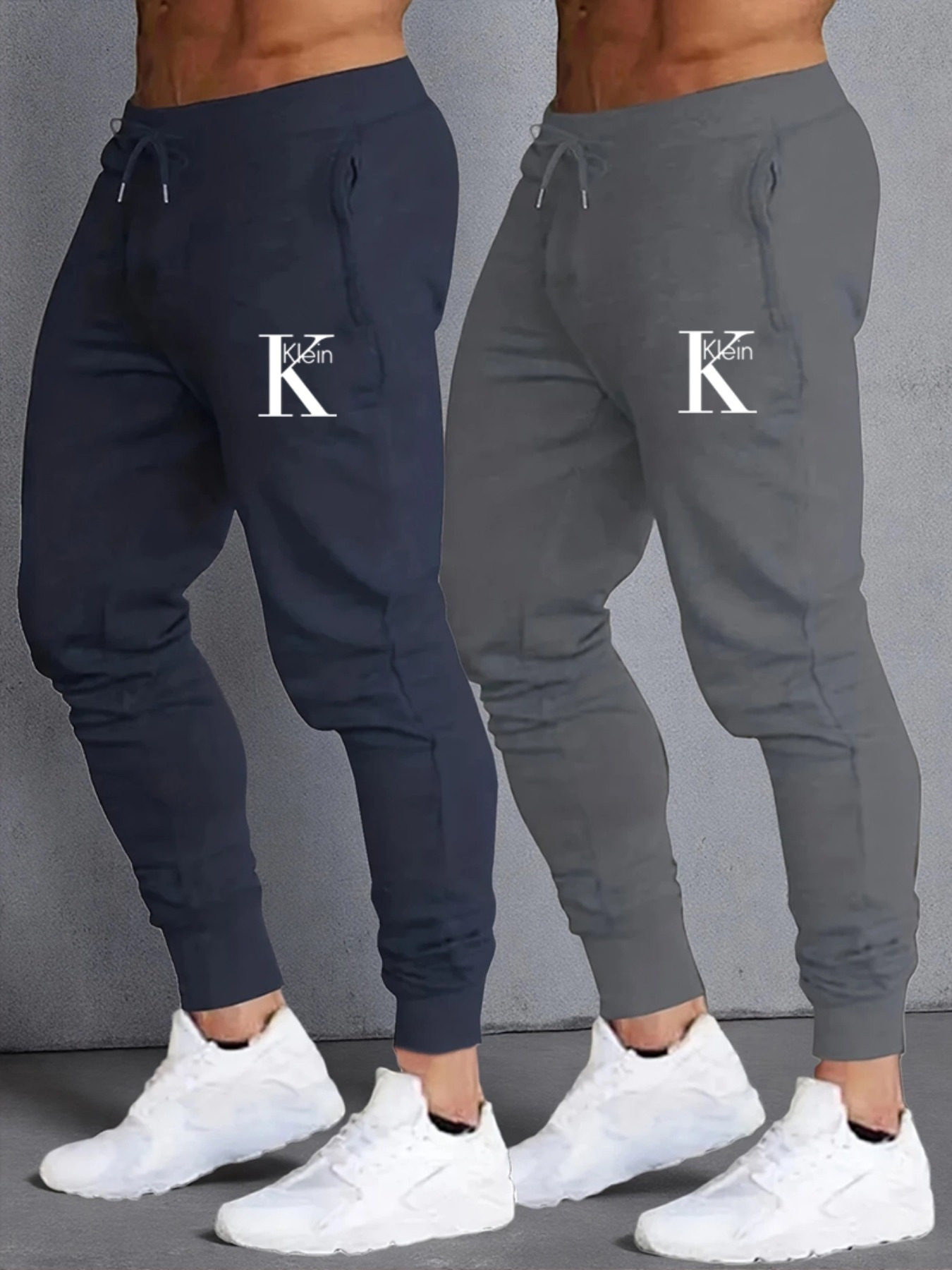 Men's Casual Joggers with Letter klein Print, Two-Pack, 100% Polyester Knit Fabric Elastic Waistband Loose Fit Drawstring + Cuffed Legs, Trendy Sports Pants for All Seasons, Workout Pants, Everyday Pants, Streetwear Fashion, Jogger Style, Lightweight Pants, Breathable Fabric, Printed Joggers, Twopack Pants, Men's Fashion, Urban Style