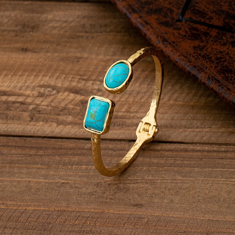 Women's Western Retro Hammered Bangle, Minimalist Oval & Rectangle