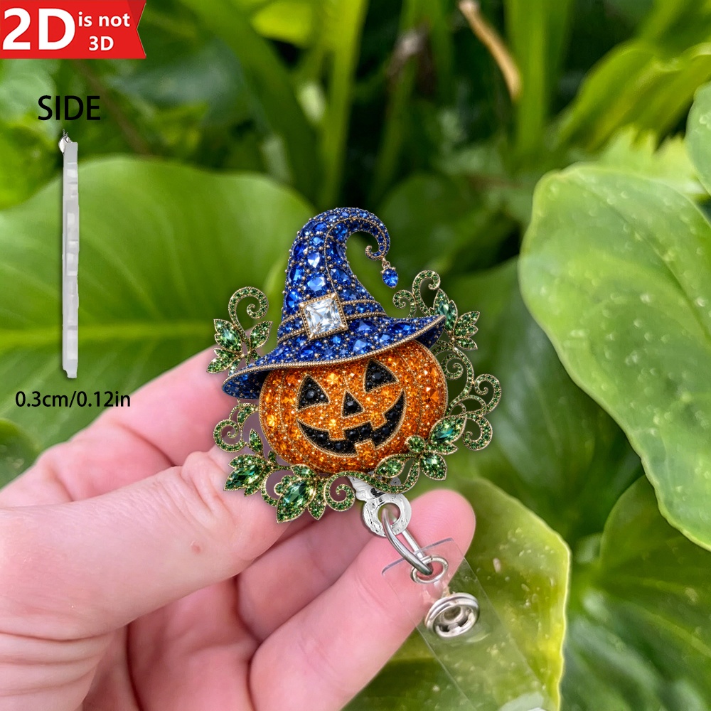 TEMU 2d Cute Glitter Pumpkin Witch Hat Acrylic Retractable Badge Reel Id Holder, Halloween Badge Accessory, Nurse Teacher Office Gift For Women Men