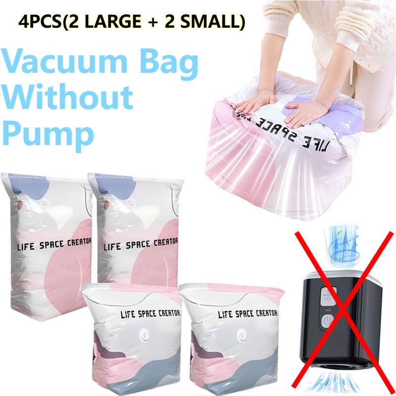 4pcs Vacuum Bag Without Pump, No-pump Vacuum Storage Bags, 3d Vacuum Storage Bag Without Pump, Reusable Vacuum Bag For Clothing, Bed Blankets & Travel