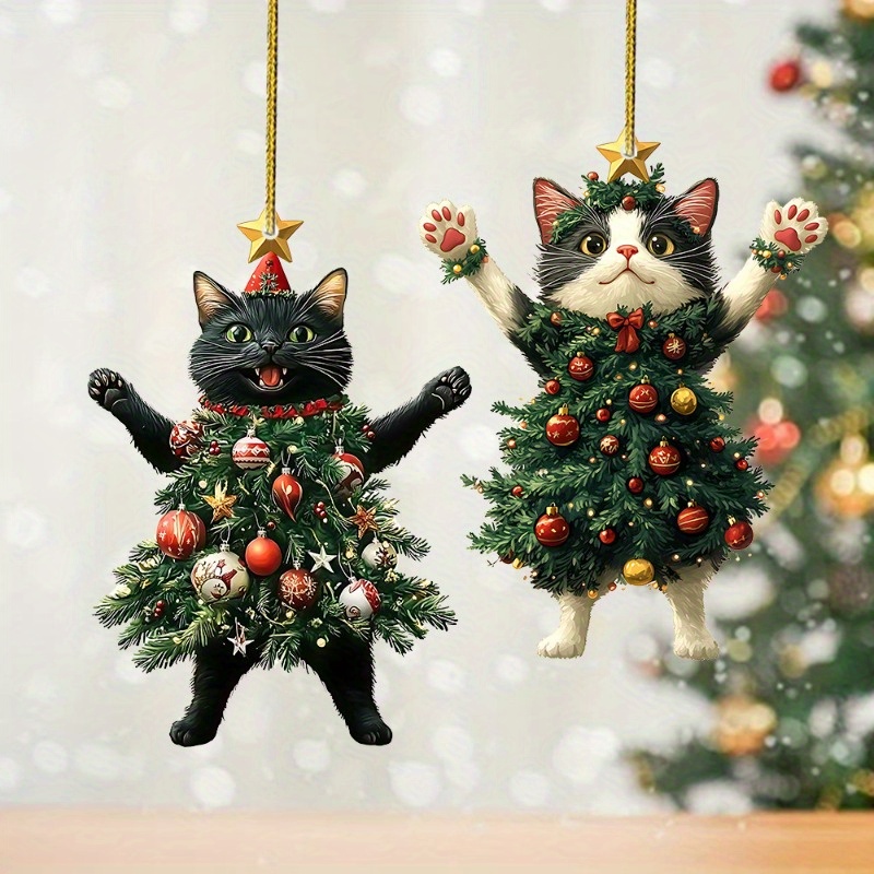 

2-pack Festive Acrylic Christmas Cat Ornaments, Tree Decoration Keychains, Holiday Party Favors And Car Hanging Gifts