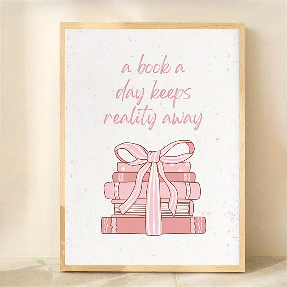 TEMU 1pc Book Lover Wall Art Print - Frameless 2d Flat Canvas Poster, 12x16.5 Inches, "a Book A Day Reality Away" Quote With Stack Of Books Design,