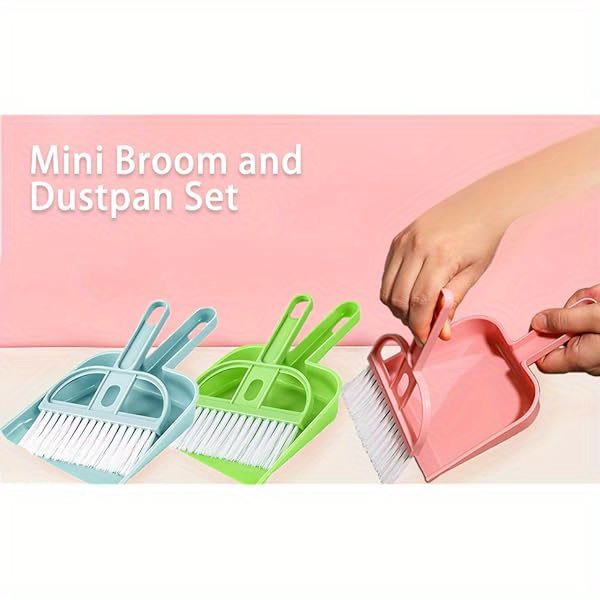 3 pack mini hand broom and dustpan set with brush - compact cleaning kit with soft bristles & ergonomic handle, pastel colors (pink, green, blue) for desk, car, pet hair,  ,   - portable dustpan with brush for home, office, travel - ideal for small spaces &   cleaning, mini dustpan, dust remover, dust brush and pan, spill cleaner, lightweight design, easy to clean, durable bristles, office workers, home cleaners, cleaning accessories,  , portable Product details 0