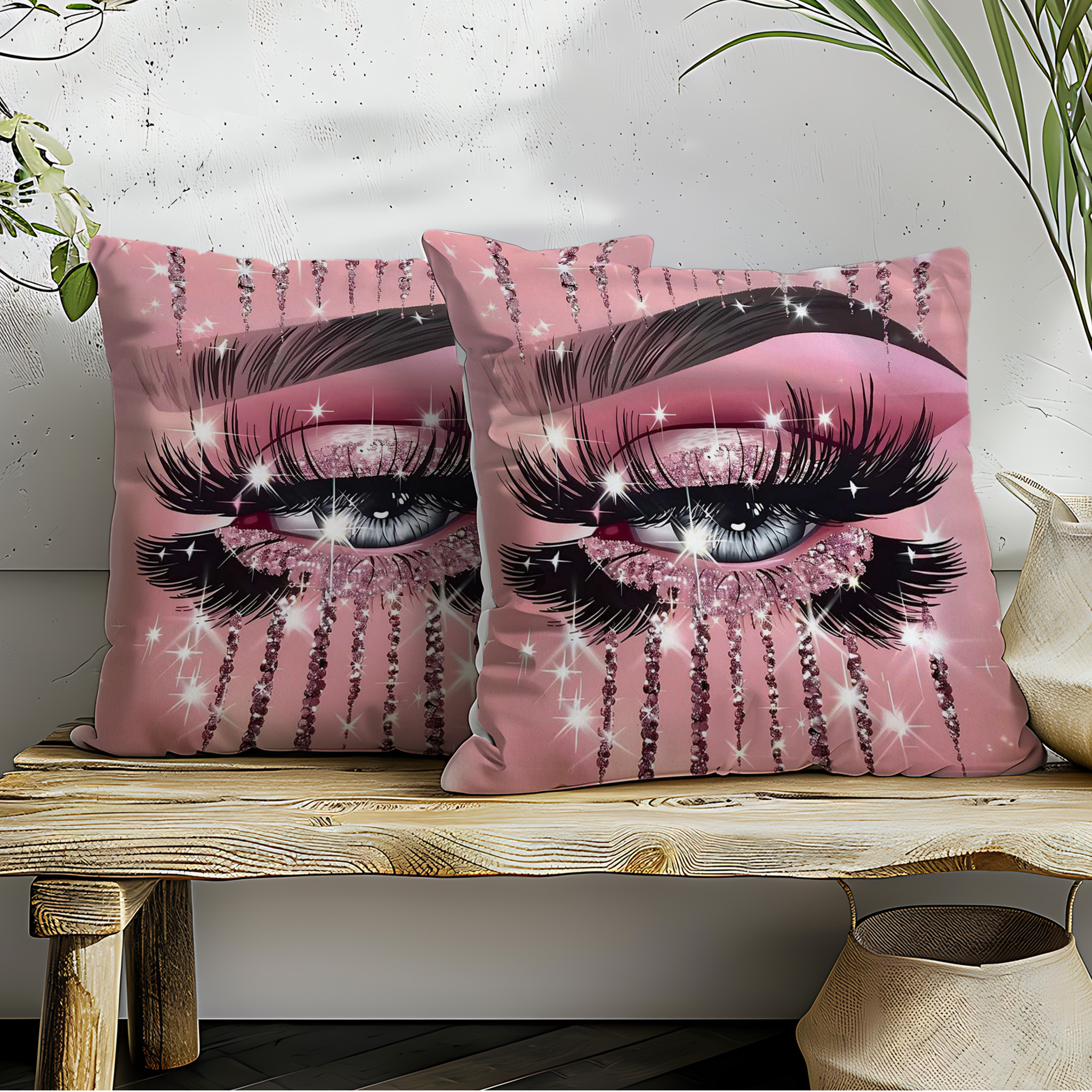 

2pcs Sparkling Eyelash Decorative Pillow Covers, 18x18 Inch - Living Room & Bedroom Sofa Decor, Machine Washable Polyester