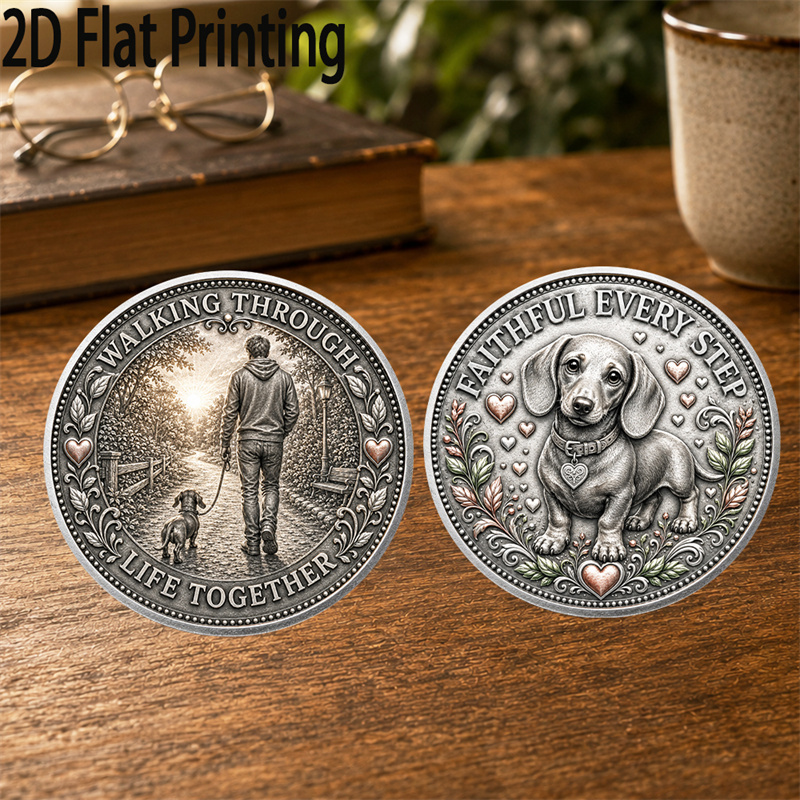 TEMU 1pc, Dachshund Companion Coin, Double-sided Walking Through Collectible Coin, Dog Walk And Heart Paw Theme Token, Calming Gifts, Birthday Gift