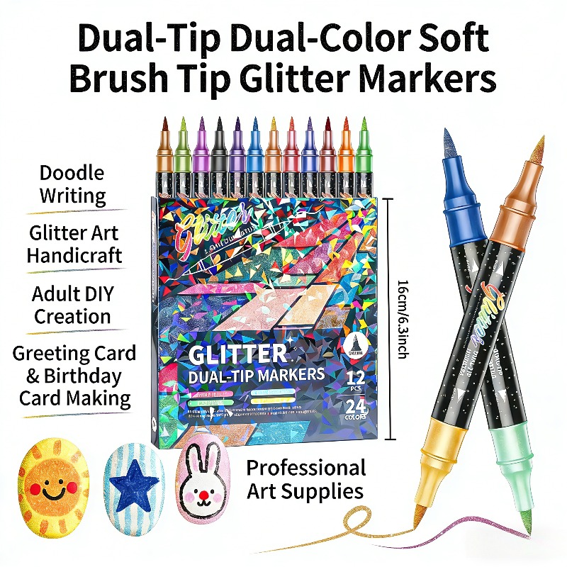 12pcs Dual-tip Dual-color Glitter Brush Pens, 24-color Markers For Doodling, Crafts, Greeting Cards, Back To School, Christmas Gifts, Halloween