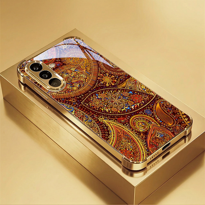 TEMU Phone Case: High-end Fashion Retro Paisley New Electroplated Gold Anti-drop Tempered Glass Phone Case For Galaxy S26/s26  /s26 Ultra/s25/s25