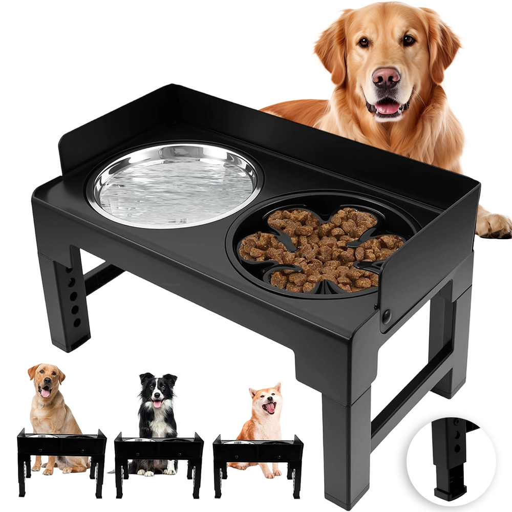 Image of Dog Slow Feeder Bowl, Feeding Station Height Adjustable Tilt Design With 2 Stainless Steel Bowls 1 Bowl Eating