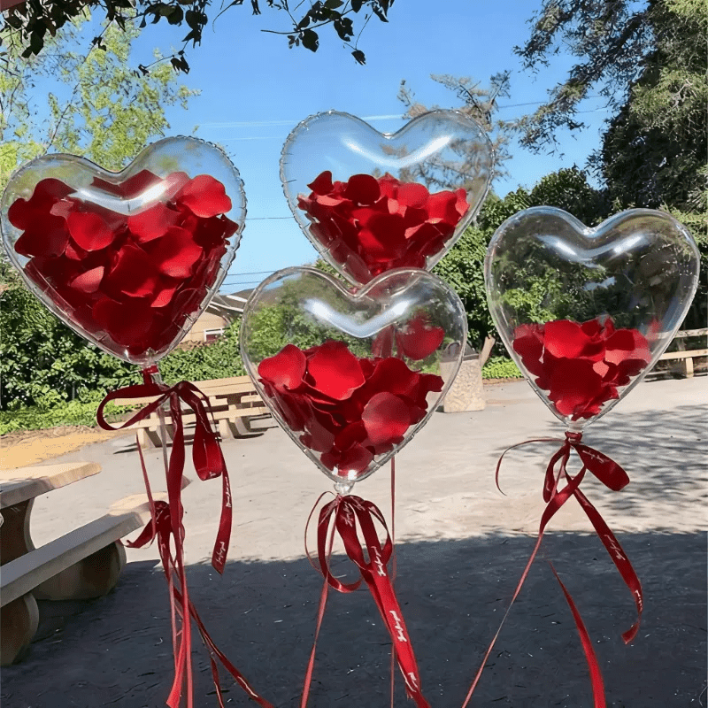506pcs Transparent Heart-Shaped Pom Pom Petal Combination Set, 500 Petals + 5 Pom Poms + 1 Ribbon. Ideal for Valentine's Day, Weddings, Birthdays, Proposals, Anniversaries, Mother's Day Romantic Decorations, and Special Evening Parties