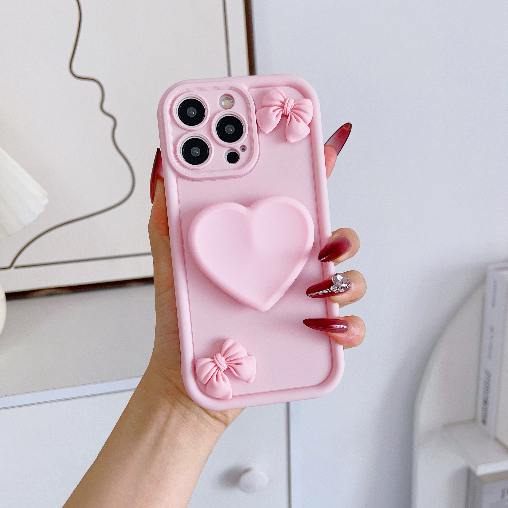 TEMU Phone Case - Pink 3d Heart Accessory Matte Soft Full Coverage Phone Case Suitable For 18pro Max/18pro/11/11pro Max/12/12pro/12pro