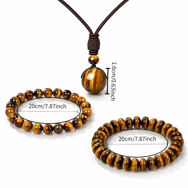 Unisex Natural Tiger Eye Stone Jewellery 3pcs Set