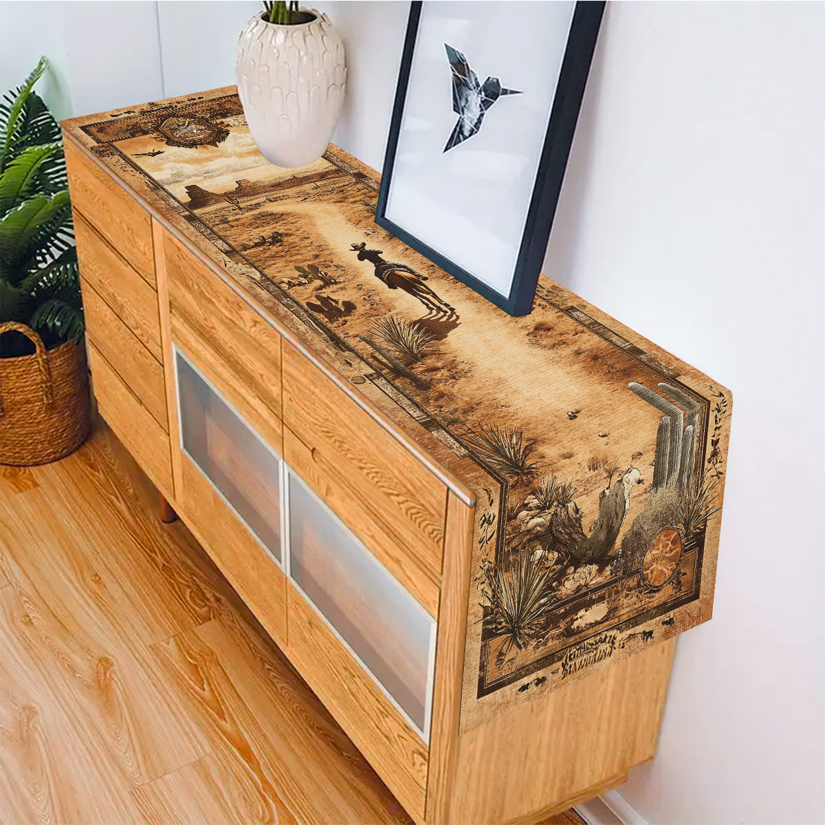 TEMU 1pc Polyester Table Runner - Vintage Western Cowboy & Desert Landscape Design, Rustic Americana , Square Kitchen Dining Shoe Cabinet Decor,