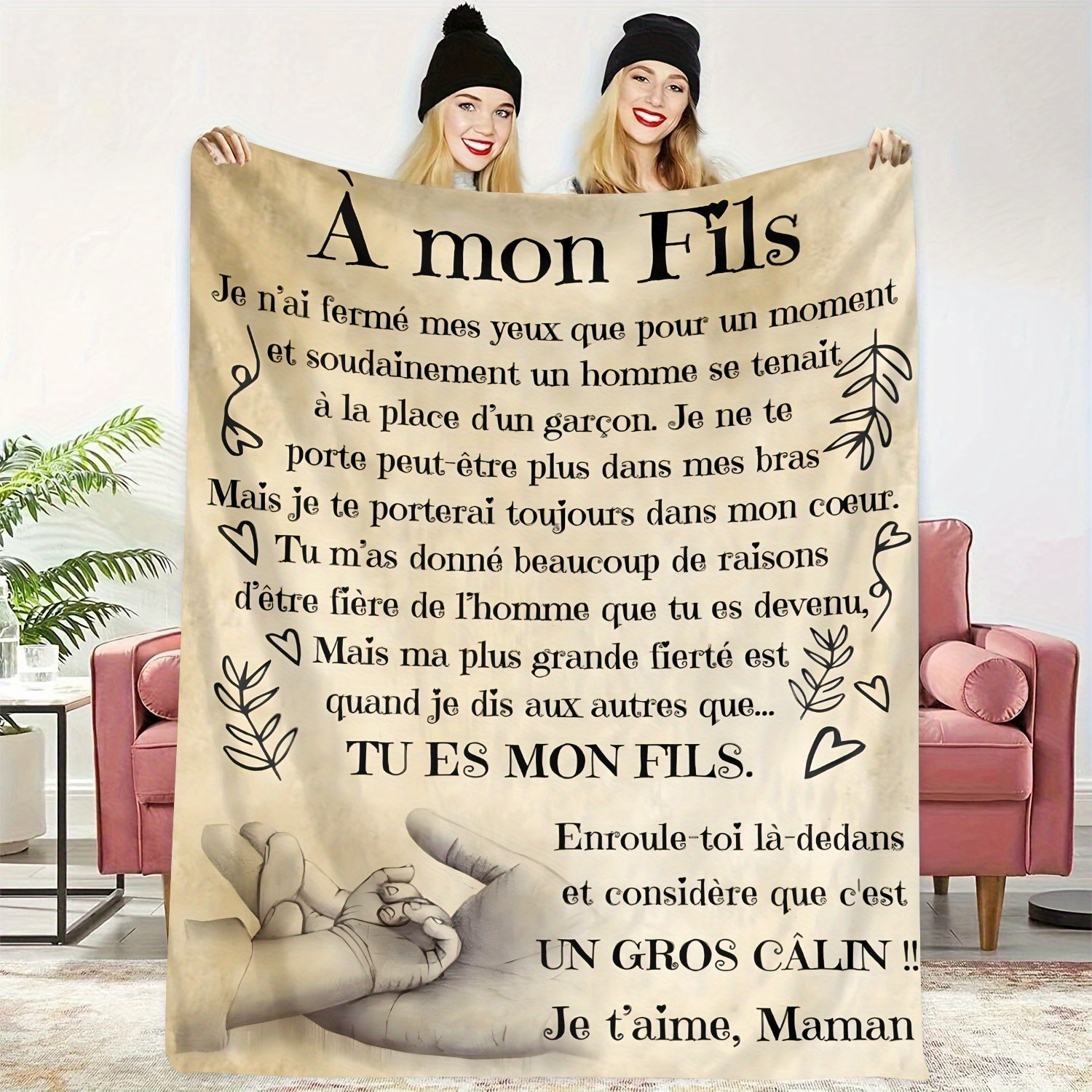 TEMU 1 Couverture de parent-enfant française - Texte bilingue français/anglais et phrases familiales, couvre-lit doux en flanelle toutes saisons pour