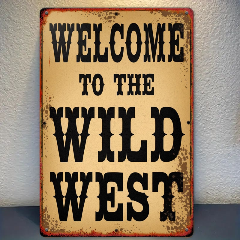 TEMU Décoration Murale Rétro Western en Bois Plat 2D - Logo Wild West, Beige et Noir - Décor Rustique Cowboy pour Maison, Bar, - Pas d'Électricité ,