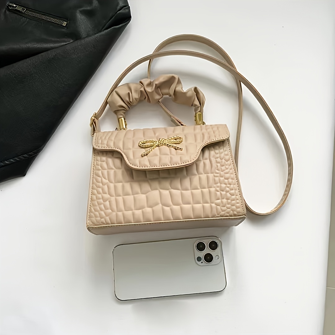 Quilted Pu Leather Handbag With Rhinestone Bow And Crossbody Strap_voghion.com