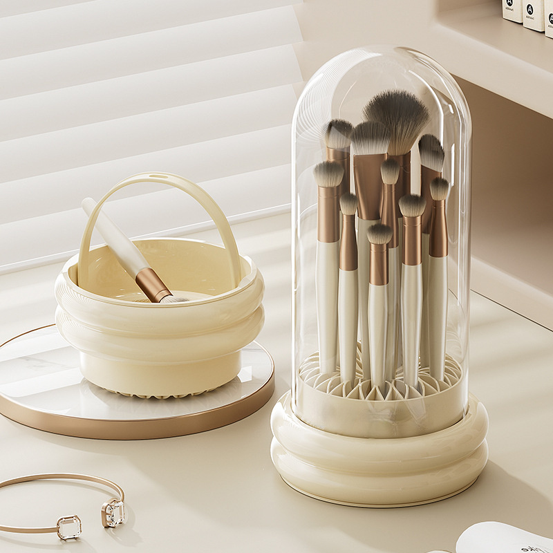 360 rotating dustproof makeup brush organizer with lid transparent plastic cosmetic storage box lightweight portable for home or travel beige   Product details 1