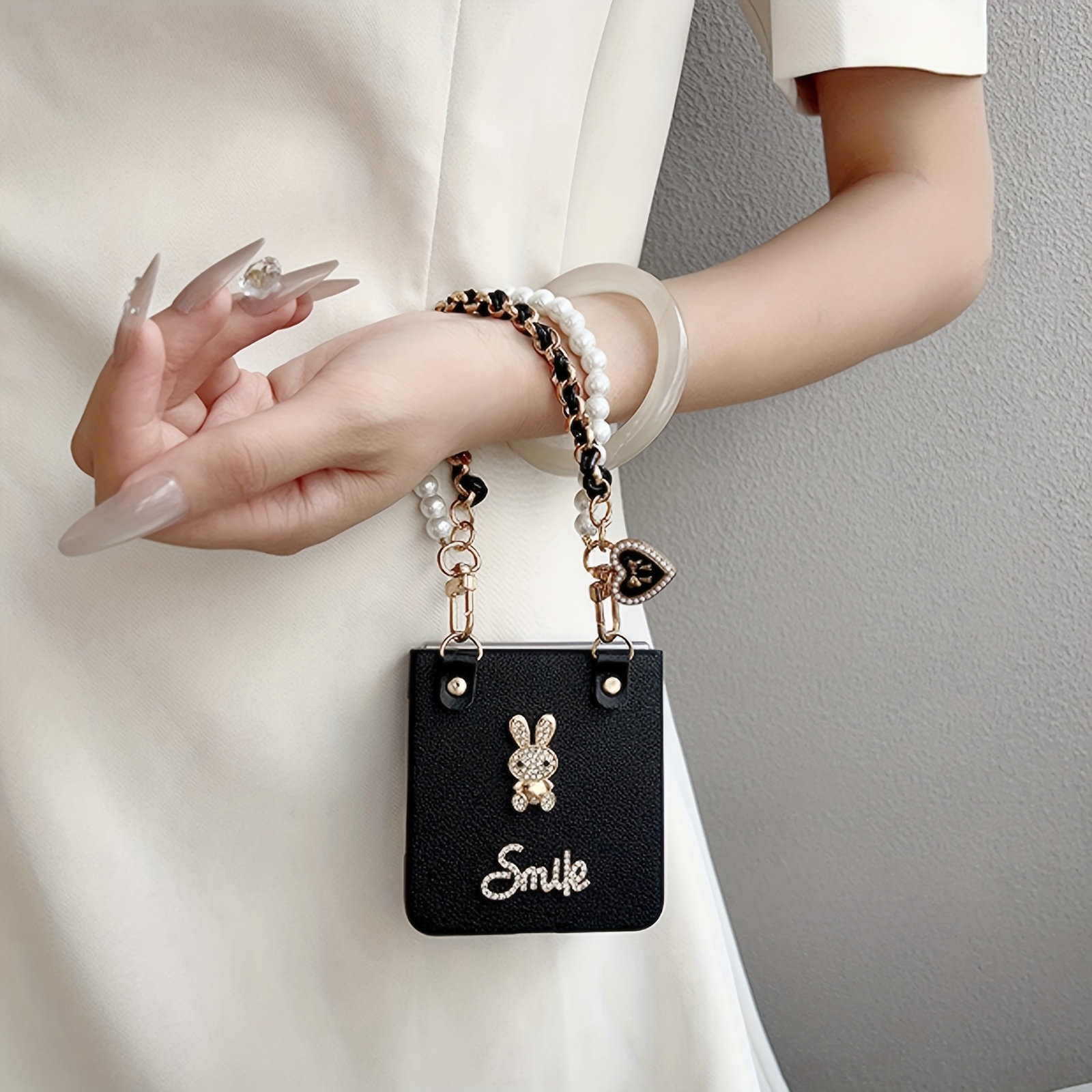 TEMU Phone Case: Fashionable Rabbit Letter Accessory -patched Folding Phone Case With Heart Chain, Suitable For Galaxy Z //z Flip5/z Flip4/, Suitable