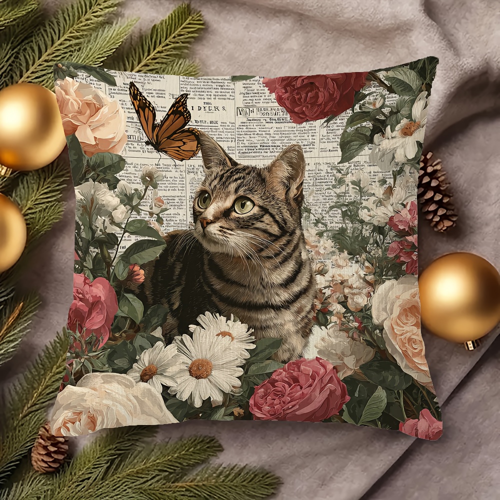 TEMU 【商品名】猫と蝶のデザインが特徴的なヴィンテージ風花柄枕カバー。両面ショートフリースの質感。新聞プリントの背景、開閉、手洗いのみ。各種サイズあり。