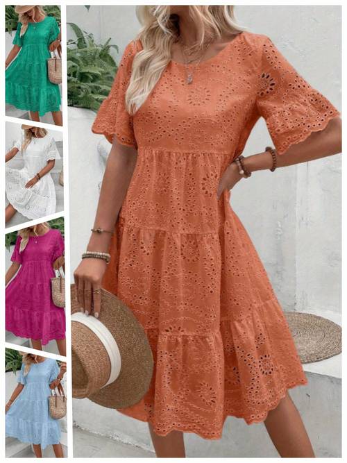 womens lined embroidered lace eyelet 3 4 trumpet sleeve v neck half button swing a line mini dresses