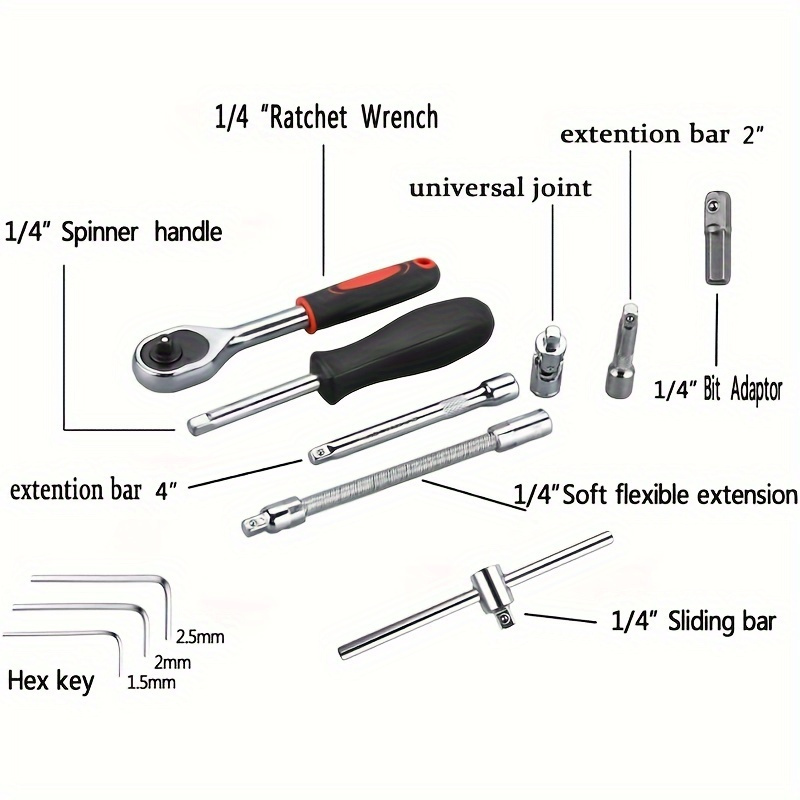 46件汽车维修工具套装 - 专业机械师手动工具，含1/4英寸驱动棘轮、套筒和六角钻头，适用于车辆保养和家庭使用 详情 5
