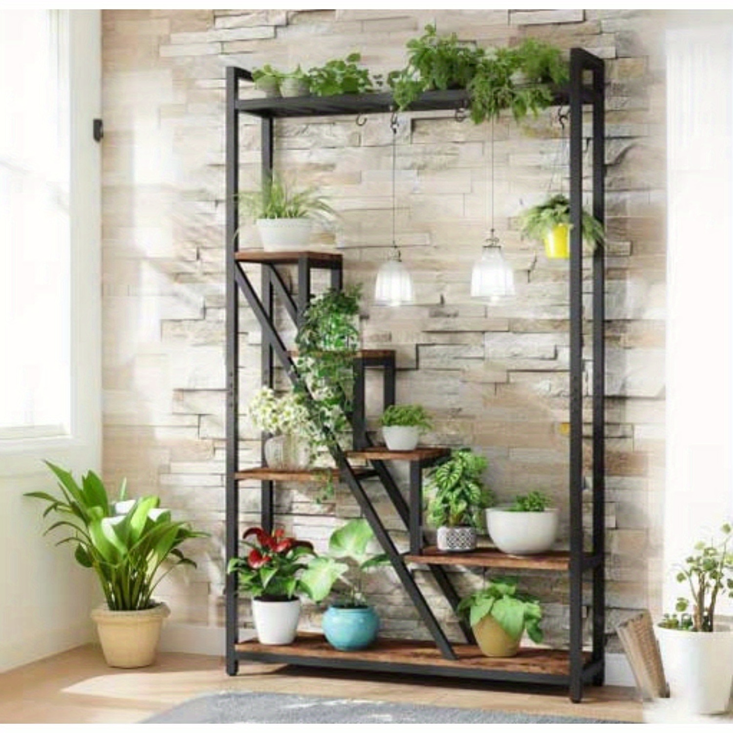 E-shop 70,9 Zoll hoher 7-stufiger Pflanzenständer, Industrieller Holz-Blumenständer für Innenräume, Garten, Balkon, Wohnzimmer