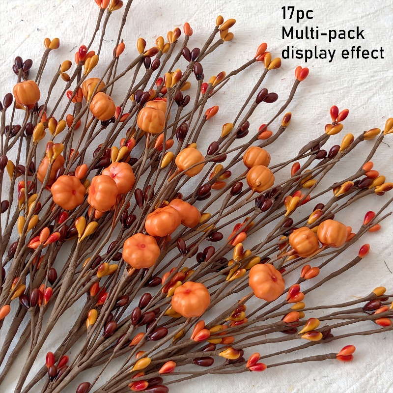 TEMU 5 Orange Berry+5 Autumn +5 Dark 2 Stems With Double Pumpkins 17pcs Artificial Flowers, Hand-twisted Flower Branches For Decoration, Thanksgiving