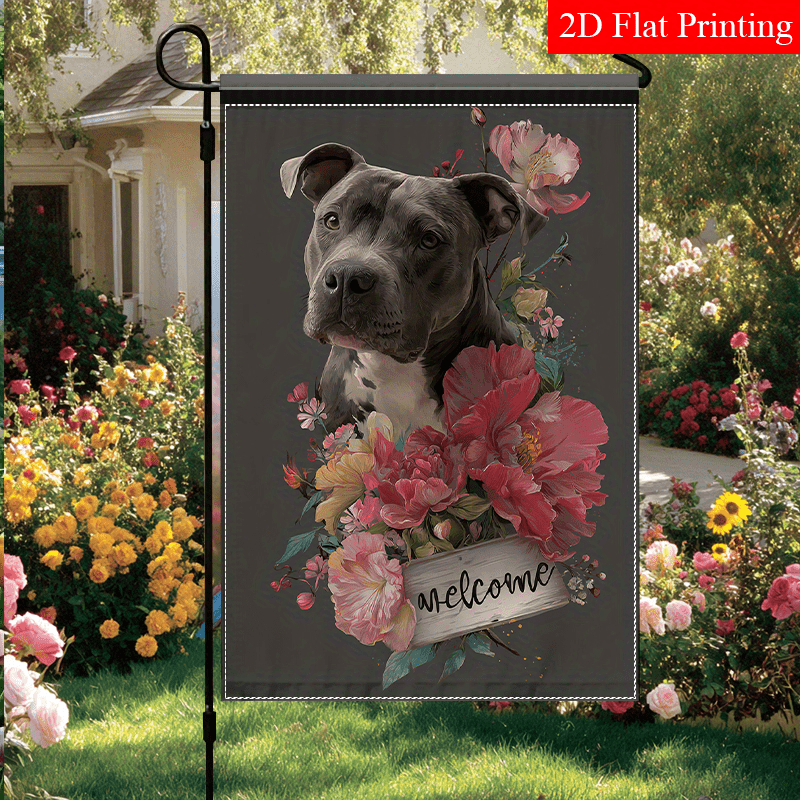 TEMU 2d Flat - 2d Flat - 1pc 2d Flat Realistic Gray Pit Bull With Flowers Fall Garden Flag Welcome Sign Small Yard Flags Outdoor Porch Lawn Home For