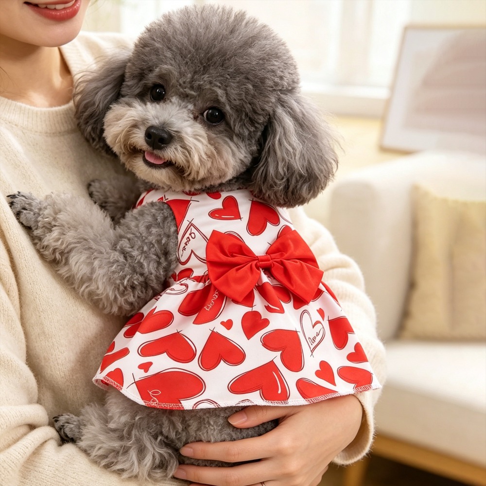 TEMU 1pc Fashionable And Soft Pet Dress With Heart-shaped Pattern And Bow Decoration, Breathable And Lightweight Pet Clothing