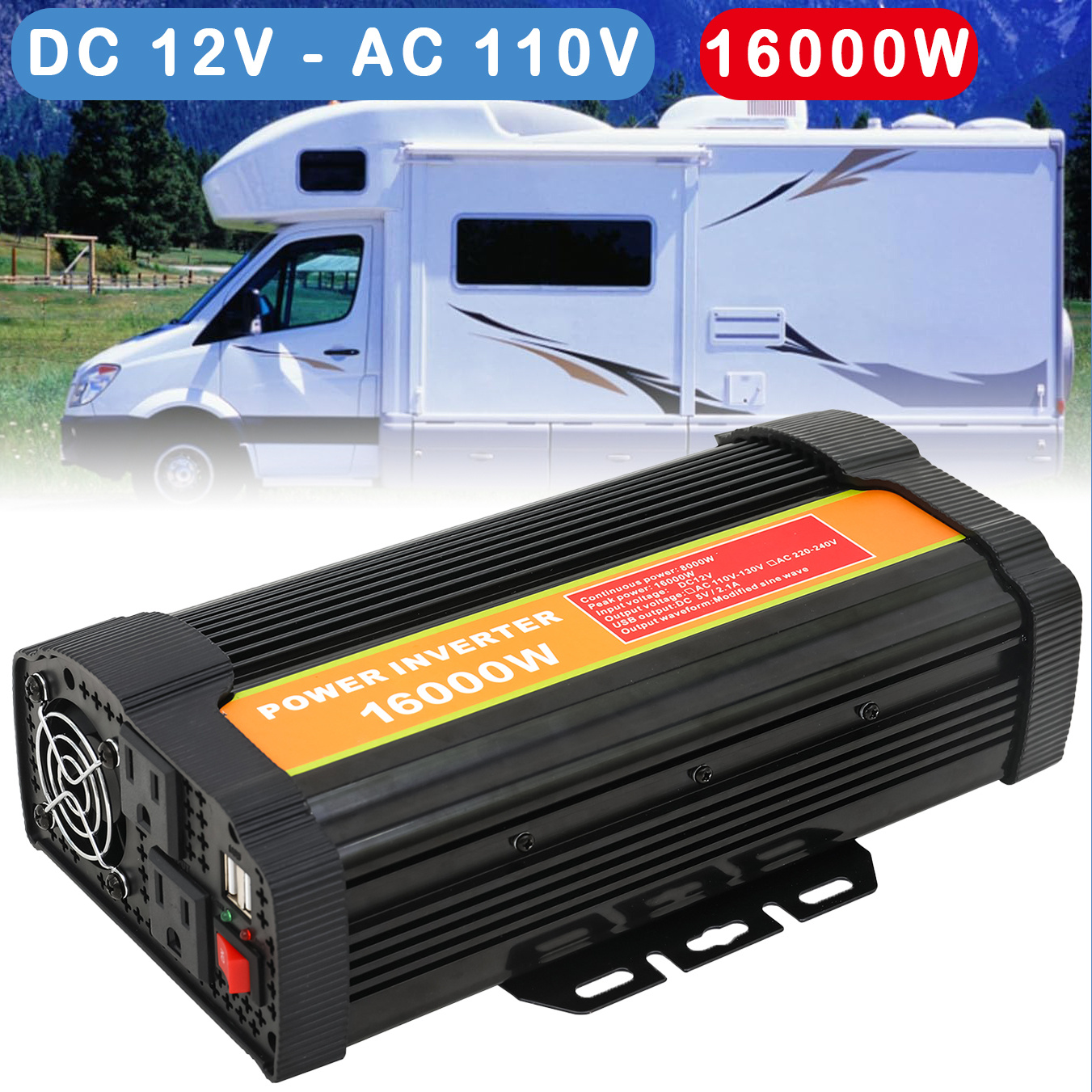 TEMU 16000w Power Inverter, Car Pure Sine Wave 12v To Ac 110v Converter, With Usb Ports And Sockets, Cooling Fan And Protection, Portable Power