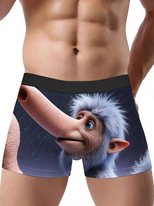 mens boxer shorts with design blue black spiky haired whimsical creature background comfortable elastic waist graphic underwear for daily wear or loungewear