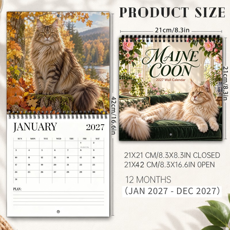 TEMU Calendrier mural 2027 Chat Maine Coon Chat duveteux se prélassant sur des coussins en velours vert à de roses roses Agenda 12 mois Papier épais
