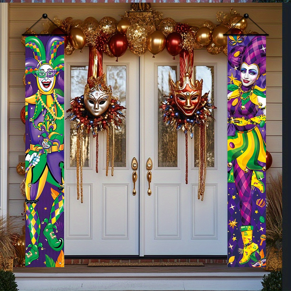 

1 Pair Of Mardi Gras Porch Banners With Jester & Clown Designs - Polyester, Front Porch, Yard, Garage & Home Wall Decor - No Power Needed, Masquerade Party Decoration Supplies