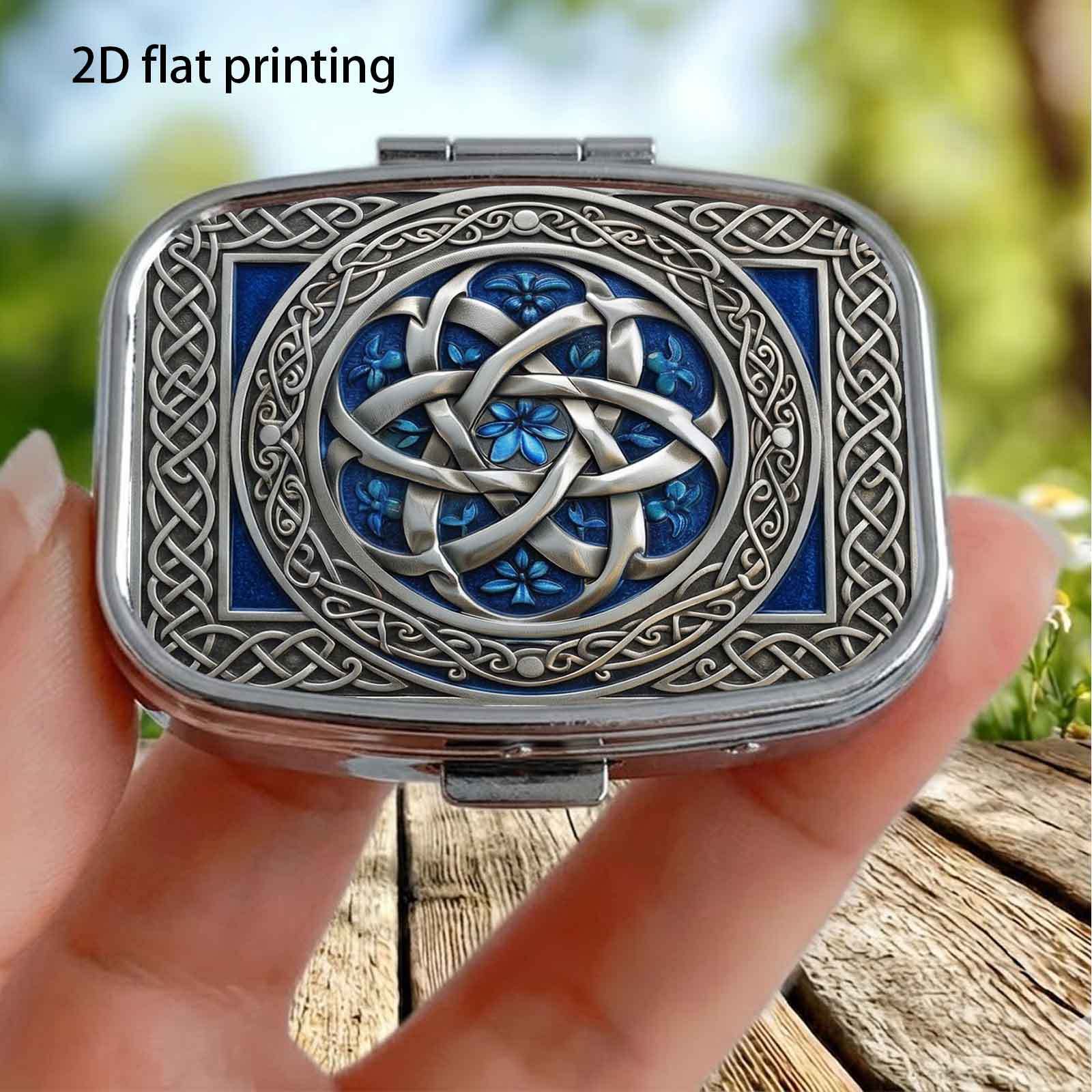 TEMU 1pc, 2d Flat, Background Celtic Knot Vintage Metal Relief Pattern, -compartment Small Pill Case, Portable Medicine Storage, A Home Portable